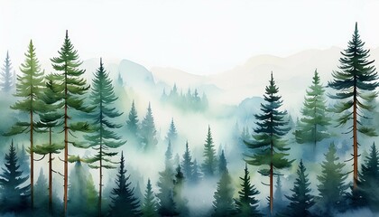 Fototapeta premium foggy pine forest watercolor painting vertical nature background printable artwork generative ai