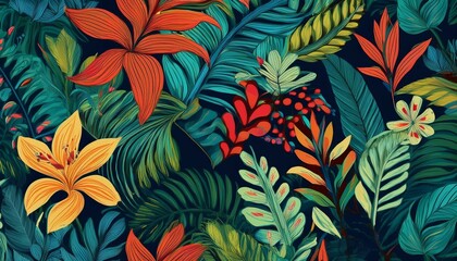 seamless pattern of a lush rainforest theme perfect for backgrounds and textiles featuring vibrant flora and fauna