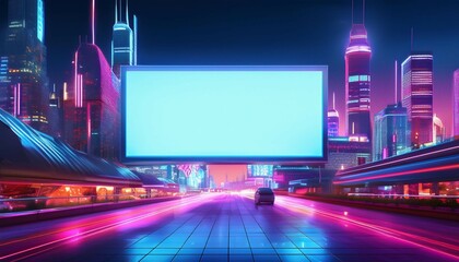 futuristic neon cityscape with blank digital billboard