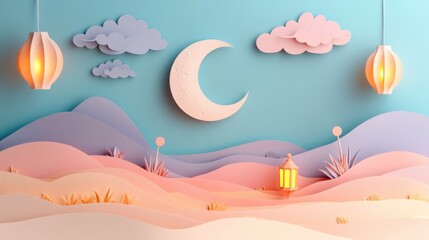 Serene Ramadan Night Paper Art: Crescent Moon, Lanterns, and Pastel Hills