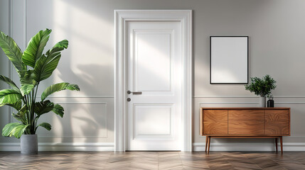 Chic Bright Interior of Modern Entrance Hall with Door and Wooden Console Table