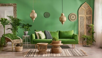 green theme interior design of living room moroccan style