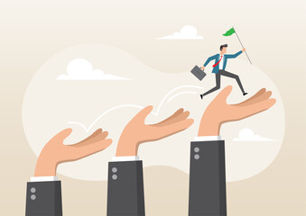Fototapeta premium businessman jumping up giant hand growth ladder to progress target