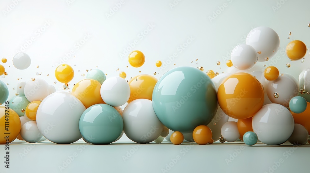 Poster bunch of colorful balls are scattered across a white background. the balls are of various sizes and 