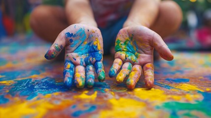 Colorful hands covered in Holi powder during vibrant festival