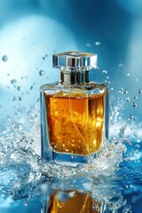 Luxury perfume bottle with golden liquid splashing