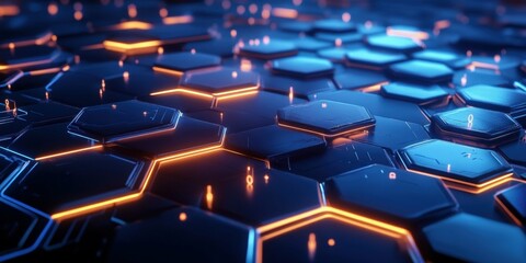 Fototapeta premium Graphical representation of digital technologies with blue hexagonal elements glowing icons and a high-tech feel modern and clean design