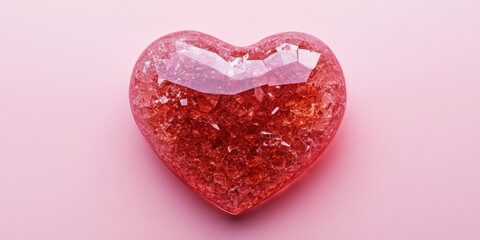 Fototapeta premium Red crystal heart shape on a pink background with soft studio lighting minimalistic design high detail smooth surface