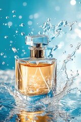 Amber perfume bottle with energetic water splash