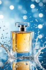 Golden perfume bottle amidst splashing water drops