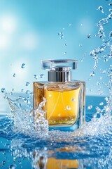 Golden-hued perfume bottle with dynamic water motion