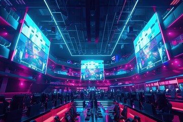 E-sports events stream live globally. Vibrant nightclub with large screens and lights