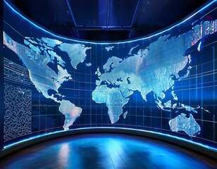 a digital map display on a large curved screen in an illuminated modern space showcasing a global perspective in blue tones