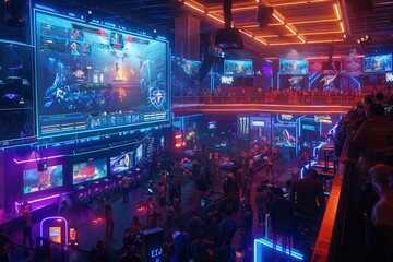 E-sports events stream live globally. Vibrant esports arena with neon lighting