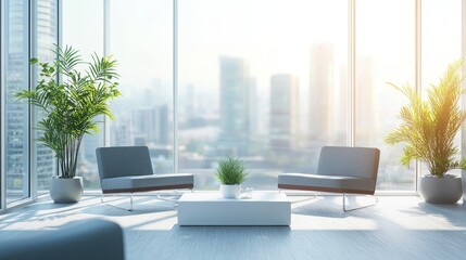 A modern lounge area with sleek furniture and city views, designed for relaxation and meetings.