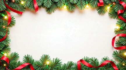 cheerful holiday christmas banner background with lush green Fir branches, glowing lights and red ribbons festive border blank copy space for text images or designs for  promotional materials