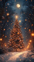 Naklejka premium Festive christmas tree brightening quiet snowy evening under starry sky picture