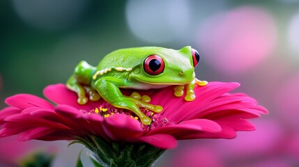 Naklejka premium Green frog sits on a pink flower. The frog is surrounded by the flower's petals, which are also pink. Concept of tranquility and harmony between the frog and the flower