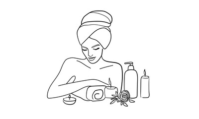 Girl in a towel continuous line art drawing isolated on white background. Spa salon. Self care and beauty. Vector illustration
