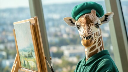 Giraffe artist painting a landscape in a bright studio with city views, AI