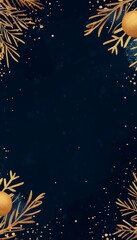 Elegant Christmas Frame with Golden Fir Branches and Ornaments on Blue Background with Sparkles