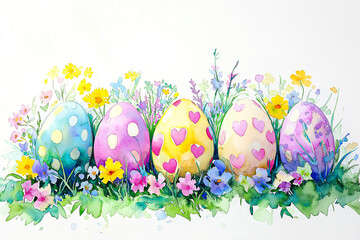 Watercolor painting of cute Easter eggs surrounded by flowers on a white background. for the background. for banners. Easter.