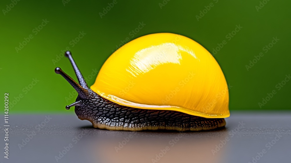 Poster yellow slug is laying on a green surface. the yellow shell of the slug is almost as big as the slug 