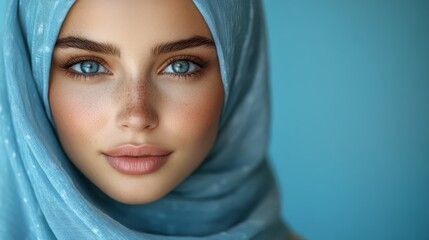 Naklejka premium Face portrait of beautiful European hijab woman wearing a blue hijab, smiling islamic women isolated on blue background with copy space for product advertising