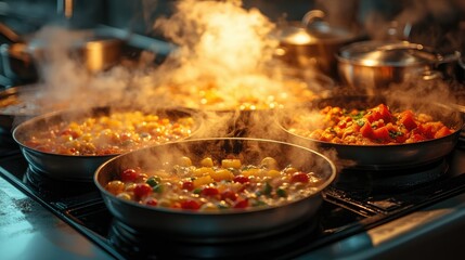 A vibrant kitchen scene with steaming pans filled with colorful vegetables and ingredients.