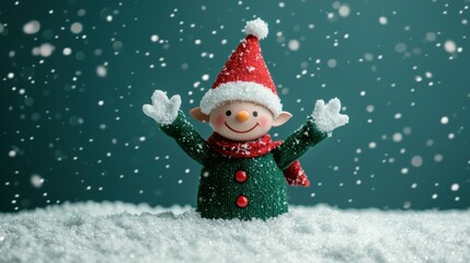 A cheerful elf figure in a red hat and green outfit, waving in a snowy landscape, capturing the spirit of Christmas.