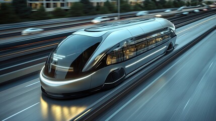 Fototapeta premium Futuristic High Speed Vehicle Travels Along Elevated Highway