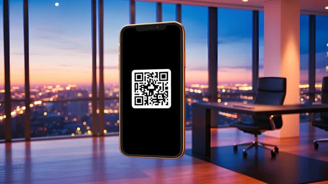 Smartphone Displaying QR Code in Modern Office with Cityscape View at Sunset

