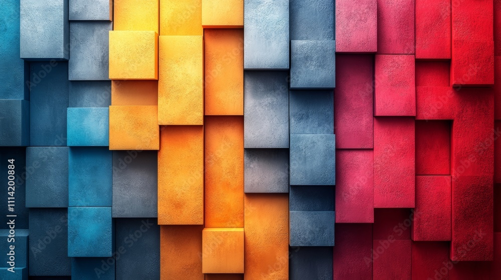 Poster Wall made of colorful blocks with a blue and yellow section. The blocks are arranged in a way that creates a visually appealing pattern