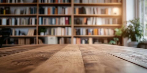 Blurred image focusing on a wooden table with a blurred bookshelf and decor in the background home office vibe soft lighting