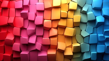 Colorful wall made of blocks in various colors. The blocks are arranged in a way that creates a rainbow effect. Concept of creativity and playfulness, as well as a vibrant and lively atmosphere