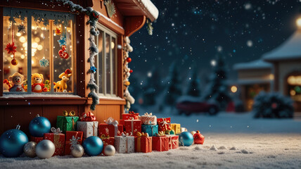Naklejka premium A festive Christmas scene with colorful gifts and decorations displayed outside the store is perfect for holiday marketing and advertising