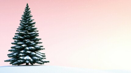 A snow-covered evergreen tree stands alone against a pastel sky, creating a serene winter scene.