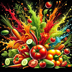 A vibrant and colorful explosion of fresh vegetables and splashes, perfect for healthy eating themes and ideas