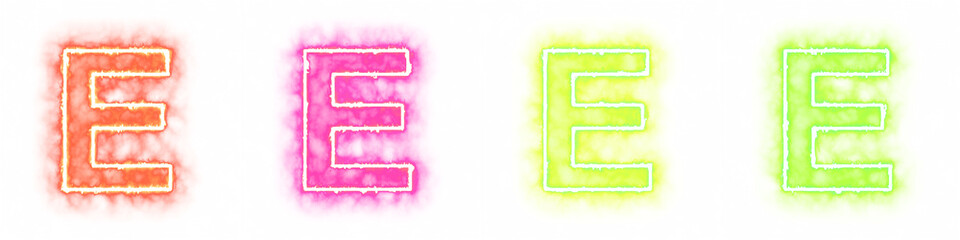 Set of 4 letter E with fire and smoke effects isolated on a transparent background. Transparent elements for graphic design.