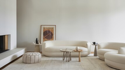 Modern Minimalist Living Room with Cozy Furniture and Neutral Tones. Explore this serene living room showcasing soft textures, minimalist design, and a calming neutral palette, perfect for i...