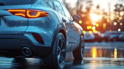 Naklejka premium In the parking lot is a silver car. The bodywork reflects the sun. SUV, crossover