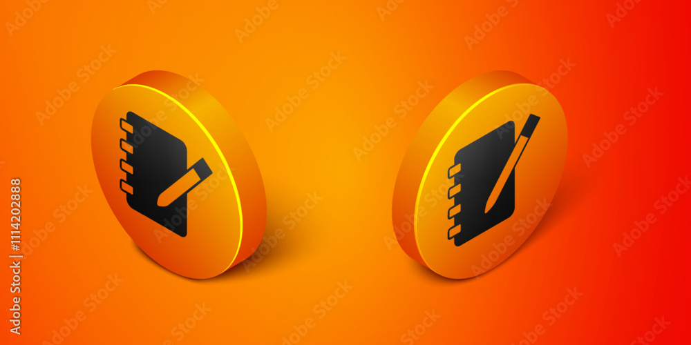 Poster isometric notebook icon isolated on orange background. spiral notepad icon. school notebook. writing