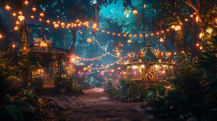 Enchanting Carnival Atmosphere in the Heart of a Lush Jungle Surrounded by Vibrant Lights and Nature's Beauty at Dusk