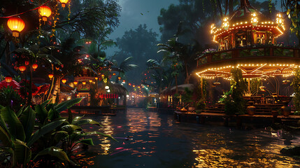A Vibrant Carnival in the Heart of a Lush Jungle, Illuminated by Colorful Lanterns and Surrounded by Nature's Beauty at Nighttime