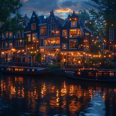 Fototapeta premium Beautifully lit amsterdam canal scene featuring iconic houses with evening glow in picture