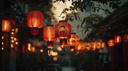 Lanterns glowing in a festive street during a cultural celebration with Chinese decorations