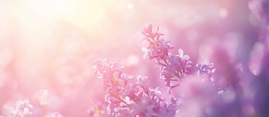 Fototapeta premium Ethereal lilac flowers glowing in warm sunlight, surrounded by a dreamy bokeh background in pastel pink tones. 