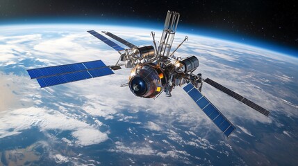 Naklejka premium A satellite floating in the vastness of space, detailed with solar panels and antennas. Below, visible, showing vibrant blue oceans, swirling white clouds, and hints of green and brown continents.