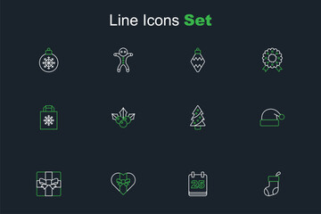 Set line Christmas stocking, day calendar, Gift box, Santa Claus hat, tree, Branch viburnum and shopping bag icon. Vector