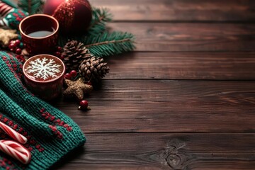 A warm, festive arrangement featuring holiday ornaments, pinecones, and cozy accessories, set against a rustic wooden backdrop.
